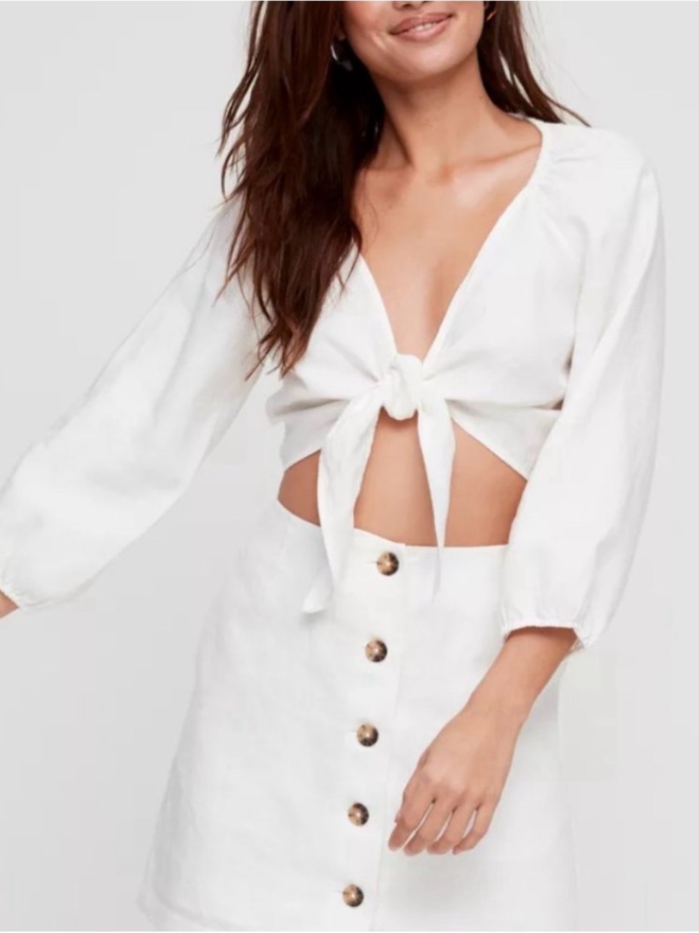 Wilfred Aritzia White Linen Blend Tie Front Tenley Top